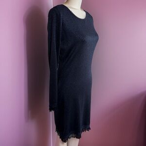 Nanette Lepore cocktail dress, dark blue shimmery, fringe hem and sleeve…